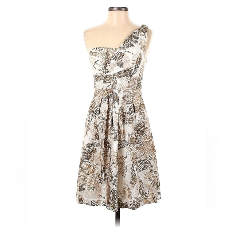 Suzi Chin dress- one shoulder A line tan floral leaf design- SZ 2
